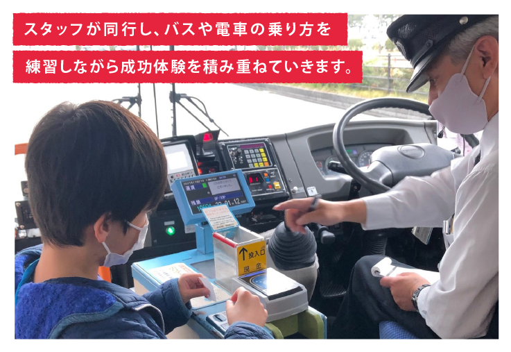 スタッフが同行し、バスや電車の乗り方を練習しながら成功体験を積み重ねていきます。