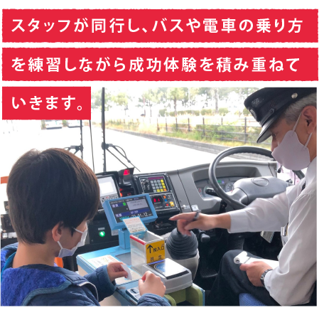 スタッフが同行し、バスや電車の乗り方を練習しながら成功体験を積み重ねていきます。